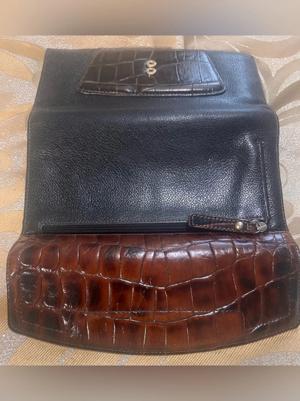 Vintage Brahmin Two-Tone Leather Tri-Fold Checkbook Wallet- Black & Brown Croc